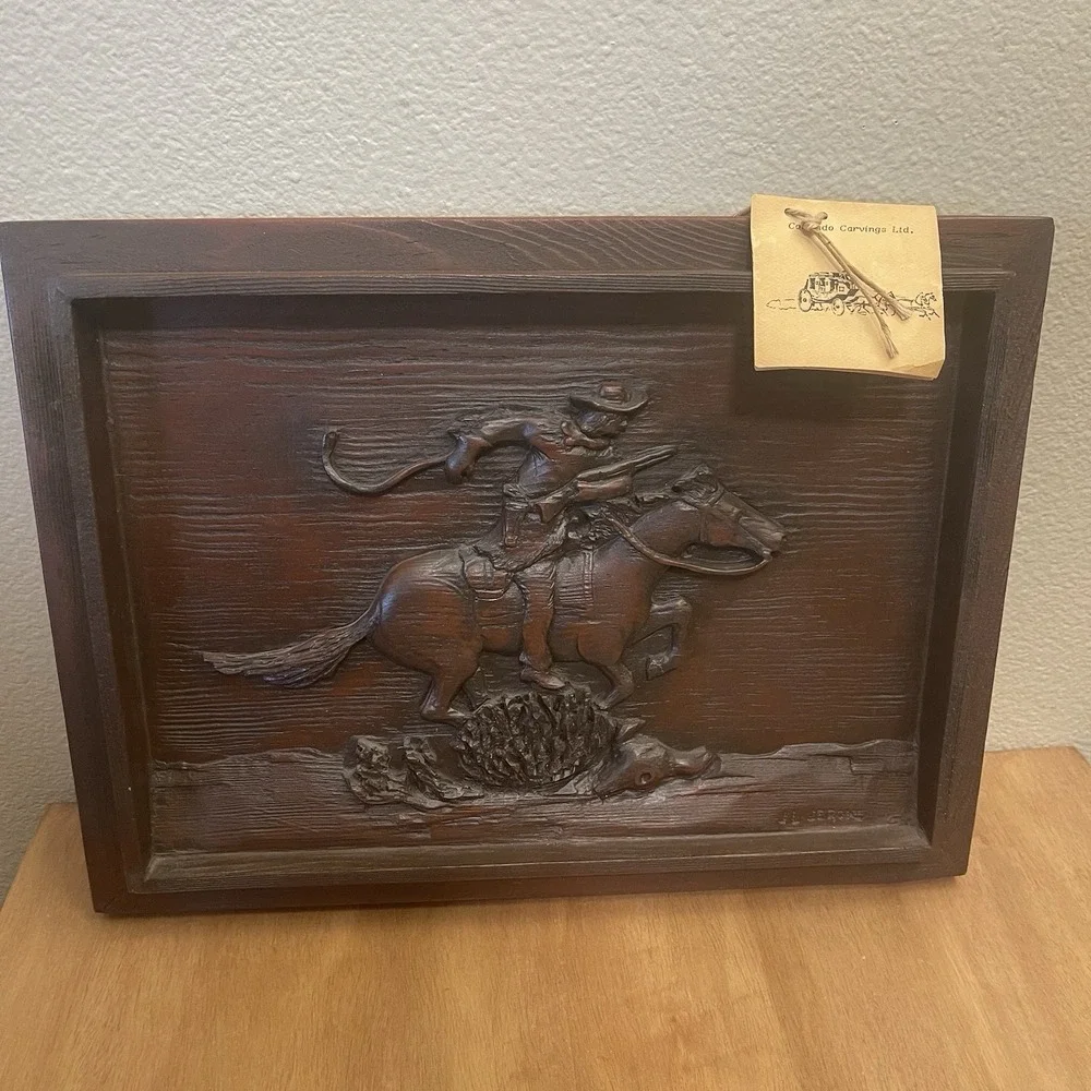 VTG Colorado Carvings Ltd JL Jerome Wood Relief Plaque Western Cowboy & Horse 3D